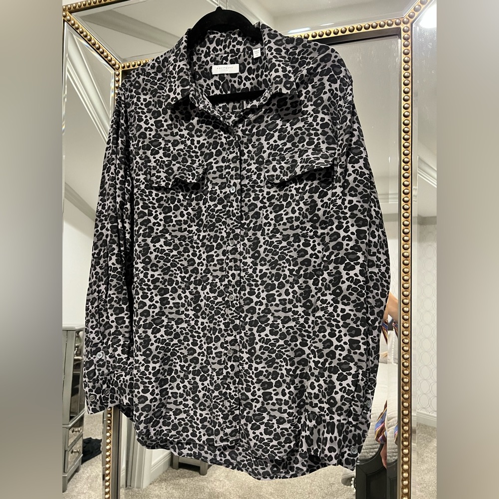 Equipment Gray and Black Leopard Print Silk Button-Up Blouse